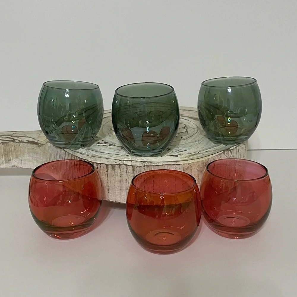 CRATE & BARREL Set/6 round green and red opaque tea light candle votive holders